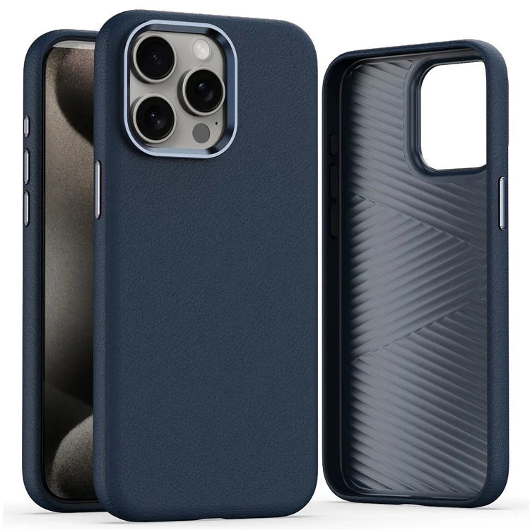 For iPhone 15 Pro Case Leather Coated PC Phone Cover with Metal Lens Frame