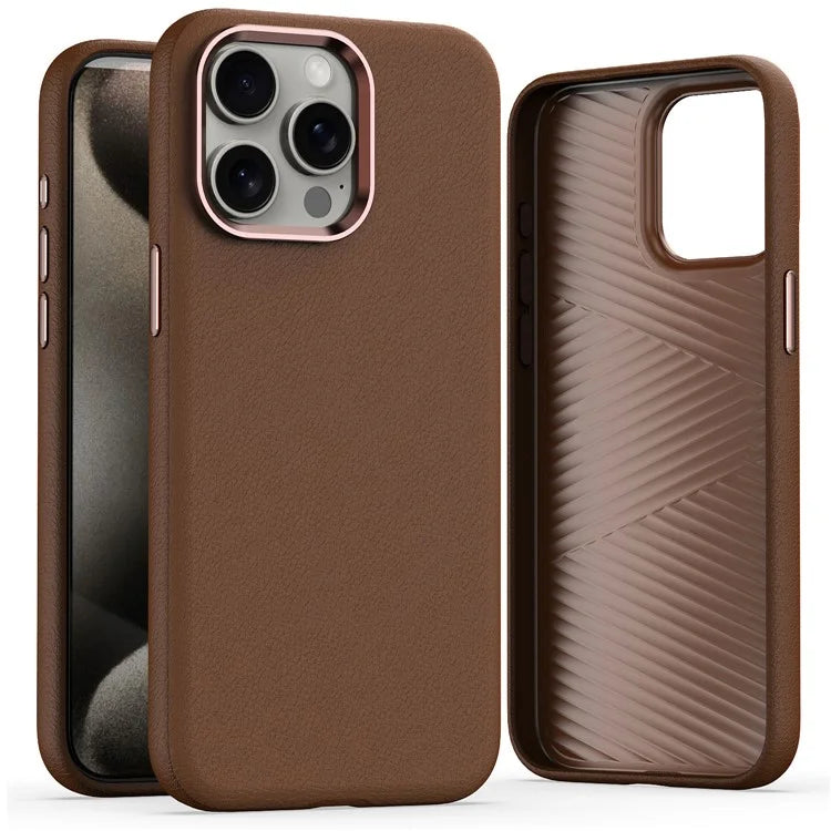 For iPhone 15 Pro Case Leather Coated PC Phone Cover with Metal Lens Frame