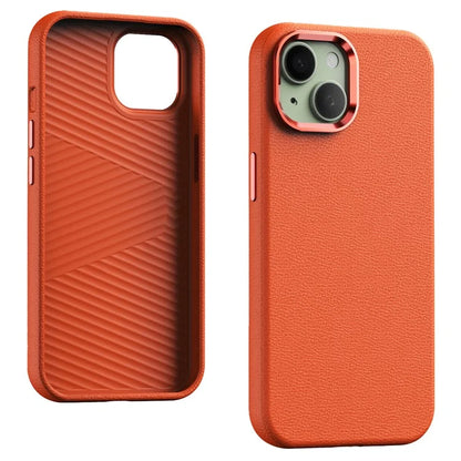 For iPhone 15 Plus Case Leather Covered Hard PC Phone Shell with Metal Lens Frame