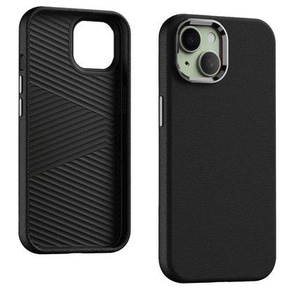 For iPhone 15 Plus Case Leather Covered Hard PC Phone Shell with Metal Lens Frame