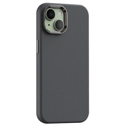For iPhone 15 Case Metal Lens Frame PC+PU Leather Phone Cover Compatible with MagSafe