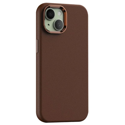 For iPhone 15 Case Metal Lens Frame PC+PU Leather Phone Cover Compatible with MagSafe