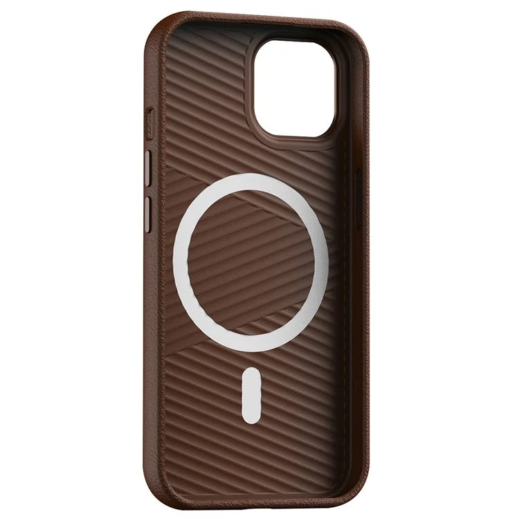 For iPhone 15 Case Metal Lens Frame PC+PU Leather Phone Cover Compatible with MagSafe