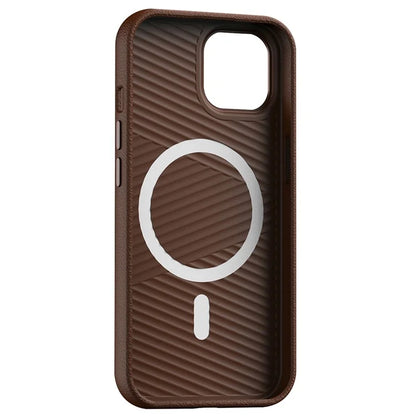 For iPhone 15 Case Metal Lens Frame PC+PU Leather Phone Cover Compatible with MagSafe