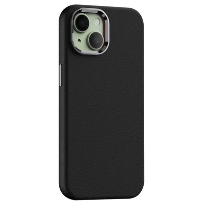 For iPhone 15 Case Metal Lens Frame PC+PU Leather Phone Cover Compatible with MagSafe