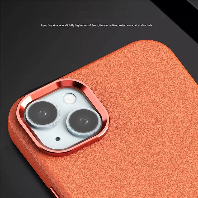 For iPhone 14 Case Compatible with Magsafe PU Leather Back Cover with Metal Lens Frame