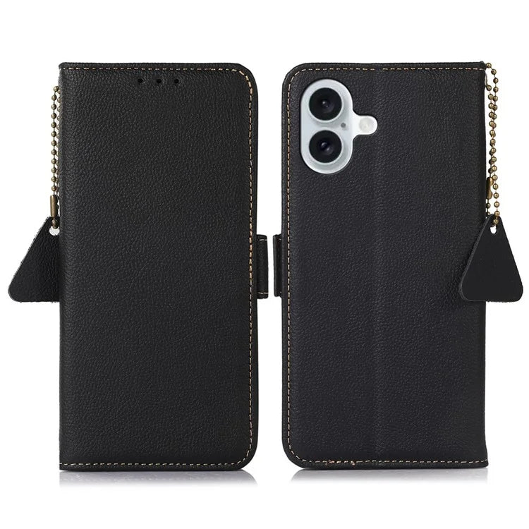 TJ For iPhone 16 Plus Case Genuine Cow Leather RFID Blocking Wallet Phone Cover