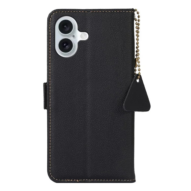 TJ For iPhone 16 Plus Case Genuine Cow Leather RFID Blocking Wallet Phone Cover