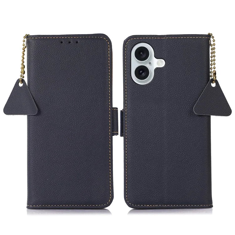 TJ For iPhone 16 Plus Case Genuine Cow Leather RFID Blocking Wallet Phone Cover