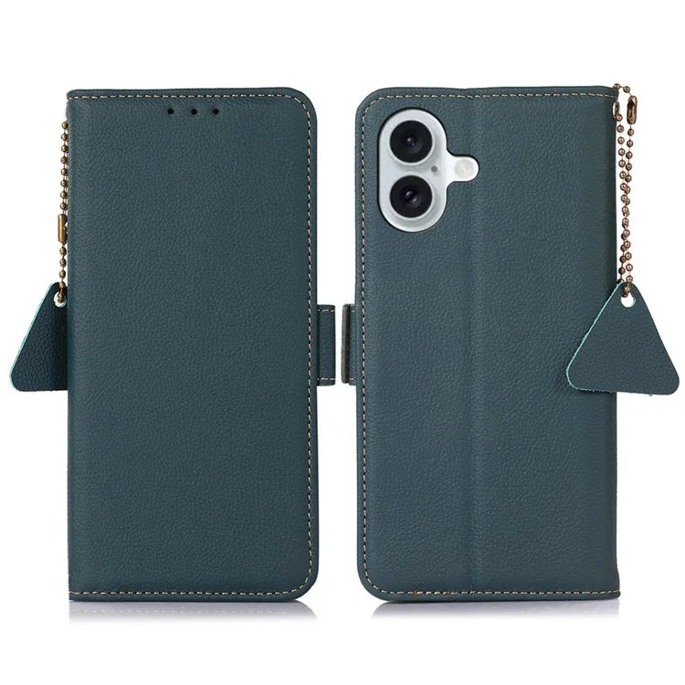 TJ For iPhone 16 Plus Case Genuine Cow Leather RFID Blocking Wallet Phone Cover