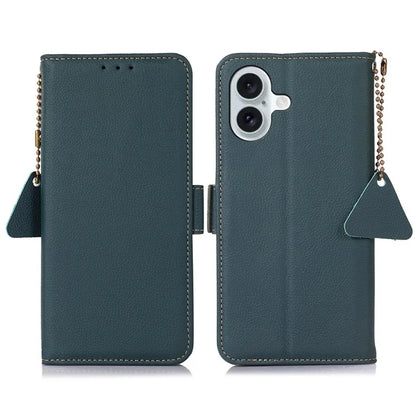 TJ For iPhone 16 Plus Case Genuine Cow Leather RFID Blocking Wallet Phone Cover