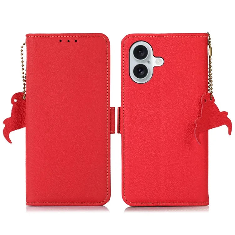 TJ For iPhone 16 Plus Case Genuine Cow Leather RFID Blocking Wallet Phone Cover