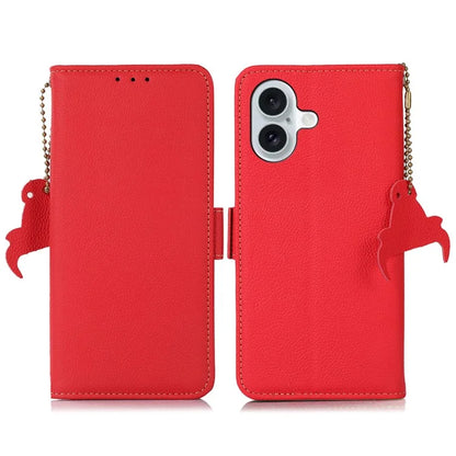 TJ For iPhone 16 Plus Case Genuine Cow Leather RFID Blocking Wallet Phone Cover
