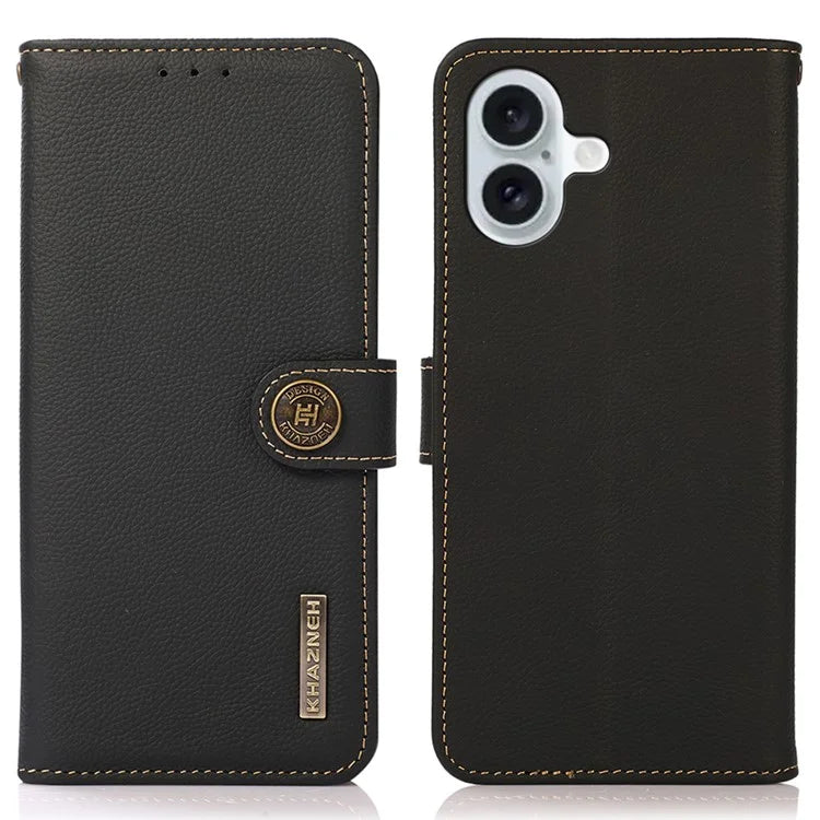 KHAZNEH For iPhone 16 Case RFID Blocking Genuine Cow Leather Phone Wallet Cover