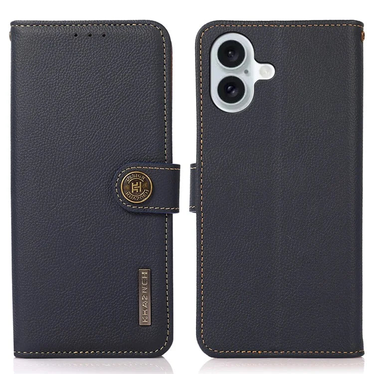 KHAZNEH For iPhone 16 Case RFID Blocking Genuine Cow Leather Phone Wallet Cover