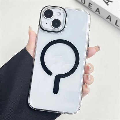 For iPhone 15 Magnetic Case Clear Hard PC Back + Soft TPU Frame Phone Cover