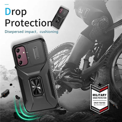 For Samsung Galaxy A15 5G Case Kickstand Slide Lens Lid TPU+PC Hybrid Phone Cover