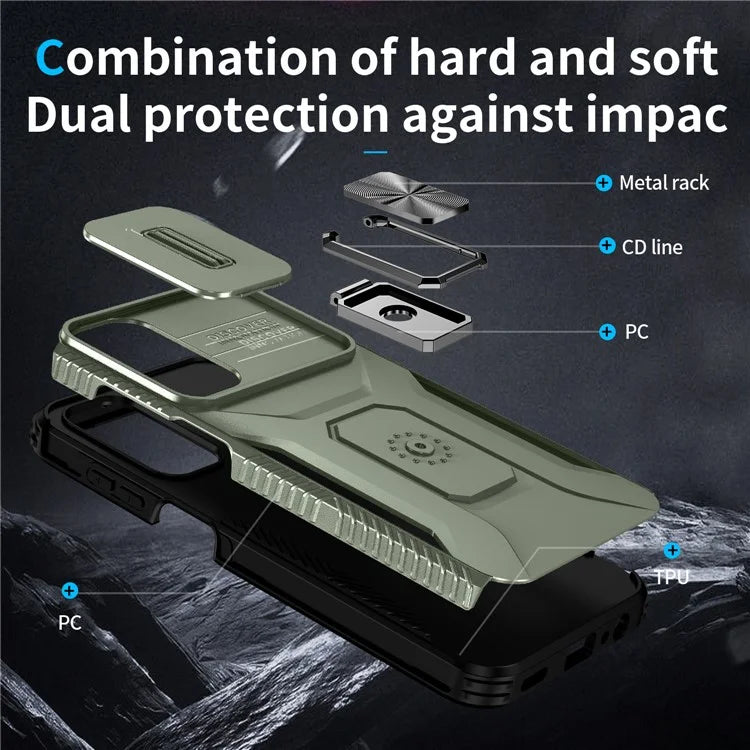 For Samsung Galaxy A15 5G Case Kickstand Slide Lens Lid TPU+PC Hybrid Phone Cover