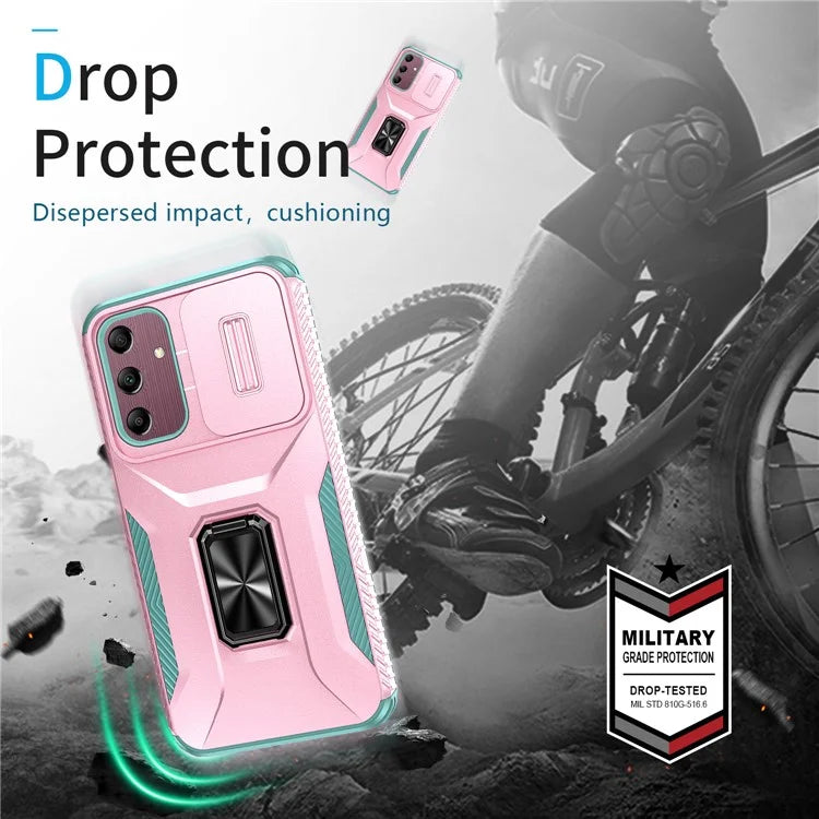 For Samsung Galaxy A15 5G Case Kickstand Slide Lens Lid TPU+PC Hybrid Phone Cover