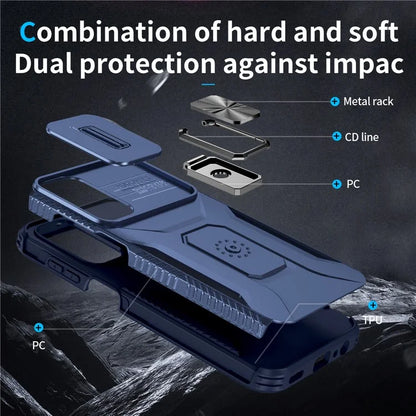 For Samsung Galaxy A15 5G Case Kickstand Slide Lens Lid TPU+PC Hybrid Phone Cover