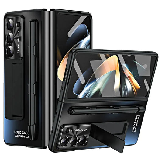 For Samsung Galaxy Z Fold6 5G AG Case Kickstand Matte PC Phone Cover with Tempered Glass Film / Stylus Pen