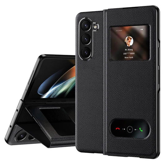 For Samsung Galaxy Z Fold6 5G Case PU Leather Litchi Texture Phone Cover View Window