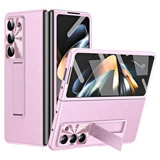 For Samsung Galaxy Z Fold6 5G Case Kickstand Leather+PC Cover with Tempered Glass Film