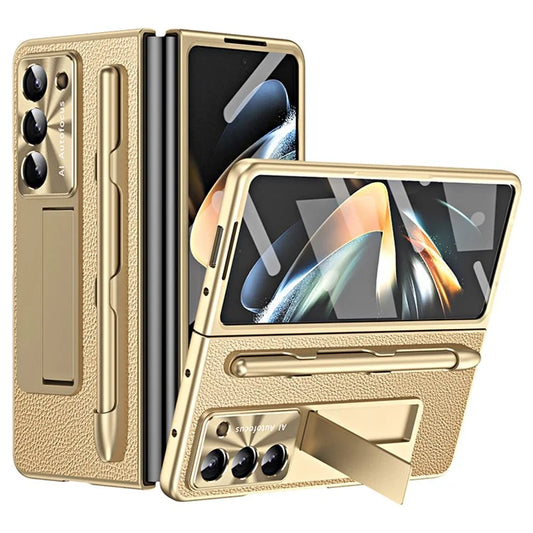 For Samsung Galaxy Z Fold6 5G Case Kickstand Leather+PC Hard Phone Cover with Screen Film and Stylus