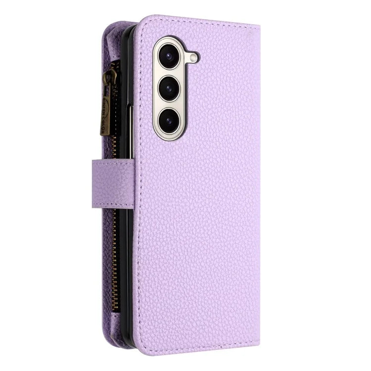 BINFEN COLOR For Samsung Galaxy Z Fold6 5G Case PU Leather Litchi Texture Zipper Phone Cover