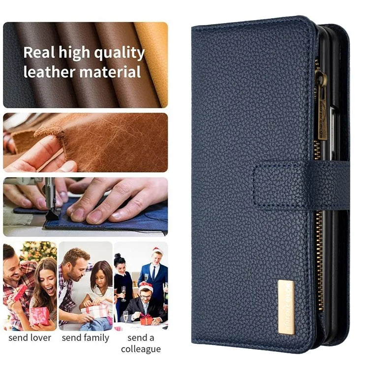 BINFEN COLOR For Samsung Galaxy Z Fold6 5G Case PU Leather Litchi Texture Zipper Phone Cover