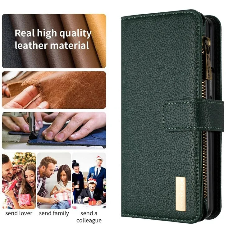 BINFEN COLOR For Samsung Galaxy Z Fold6 5G Case PU Leather Litchi Texture Zipper Phone Cover