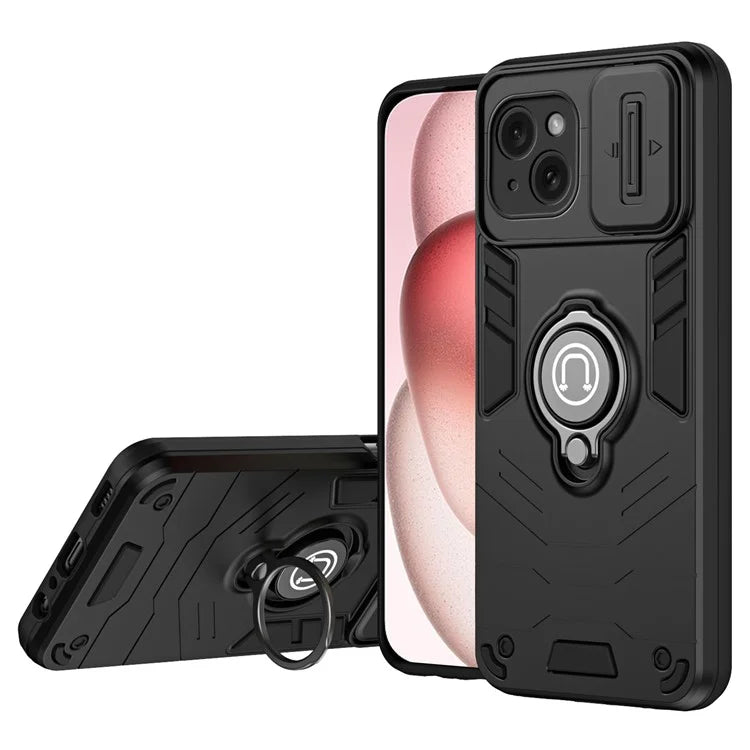 For iPhone 15 Case Ring Kickstand PC+TPU Phone Cover with Slide Lens Lid