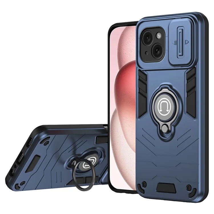For iPhone 15 Case Ring Kickstand PC+TPU Phone Cover with Slide Lens Lid