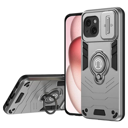 For iPhone 15 Plus Case Lens Protection PC+TPU Phone Cover with Kickstand