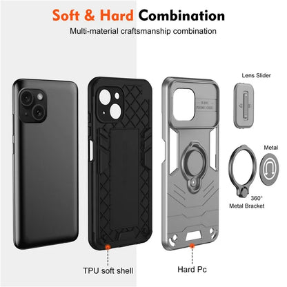 For iPhone 15 Plus Case Lens Protection PC+TPU Phone Cover with Kickstand