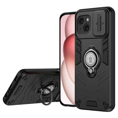 For iPhone 15 Plus Case Lens Protection PC+TPU Phone Cover with Kickstand