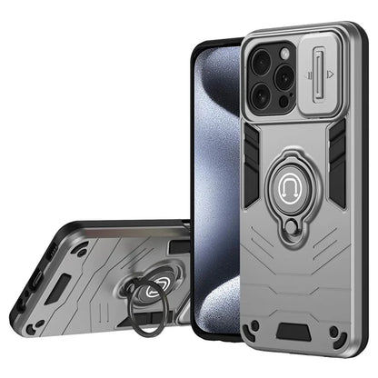 For iPhone 15 Pro Case with Slide Camera Cover PC+TPU Phone Protector Ring Holder