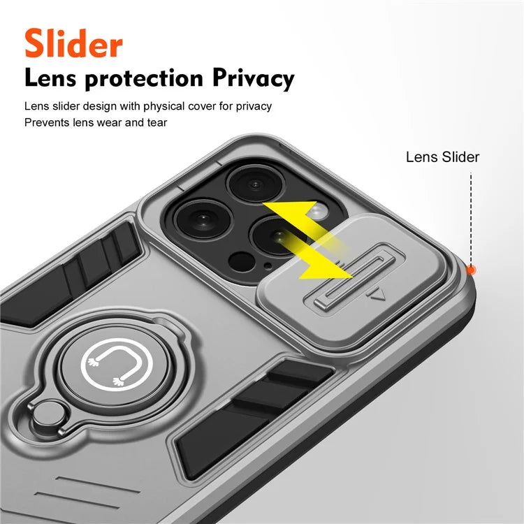 For iPhone 15 Pro Case with Slide Camera Cover PC+TPU Phone Protector Ring Holder