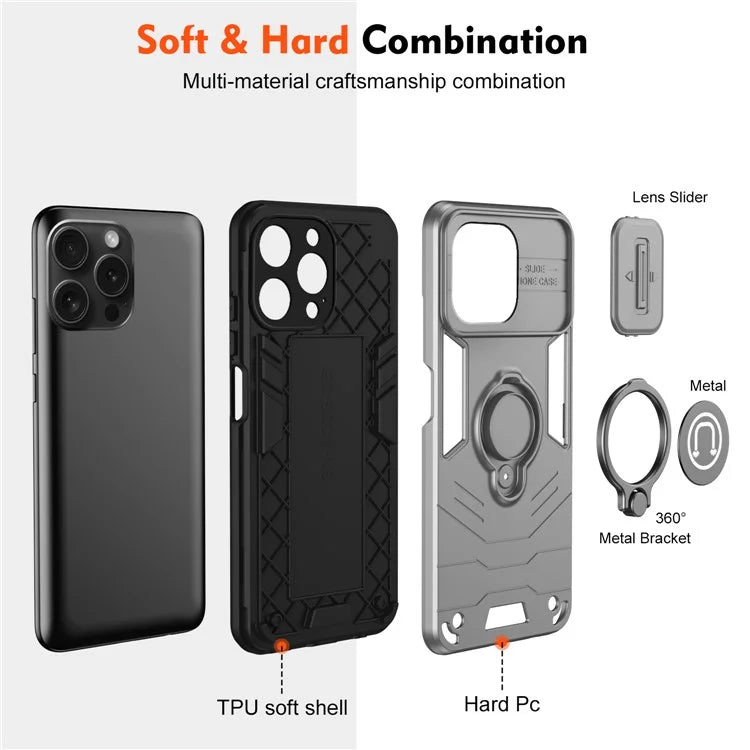 For iPhone 15 Pro Case with Slide Camera Cover PC+TPU Phone Protector Ring Holder