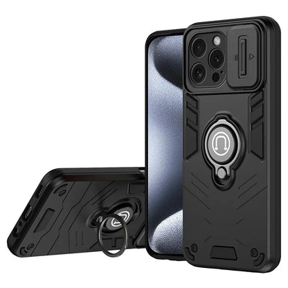 For iPhone 15 Pro Case with Slide Camera Cover PC+TPU Phone Protector Ring Holder