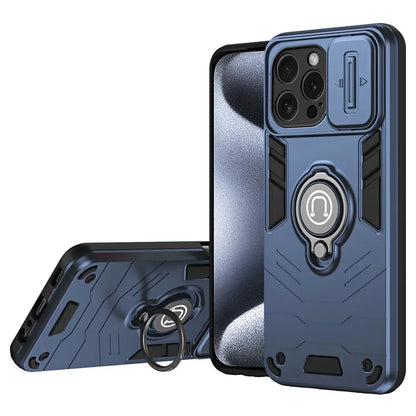 For iPhone 15 Pro Case with Slide Camera Cover PC+TPU Phone Protector Ring Holder