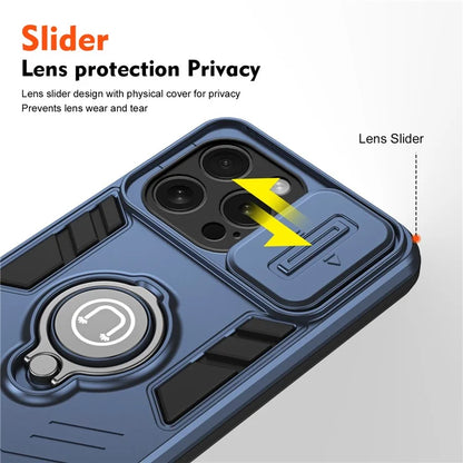 For iPhone 15 Pro Case with Slide Camera Cover PC+TPU Phone Protector Ring Holder