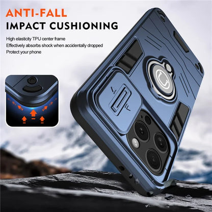 For iPhone 15 Pro Case with Slide Camera Cover PC+TPU Phone Protector Ring Holder