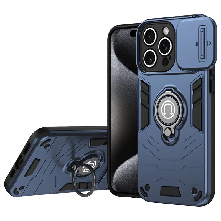 For iPhone 15 Pro Max Case PC+TPU Ring Kickstand Phone Cover with Slide Lens Lid