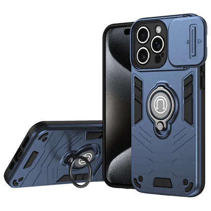 For iPhone 15 Pro Max Case PC+TPU Ring Kickstand Phone Cover with Slide Lens Lid