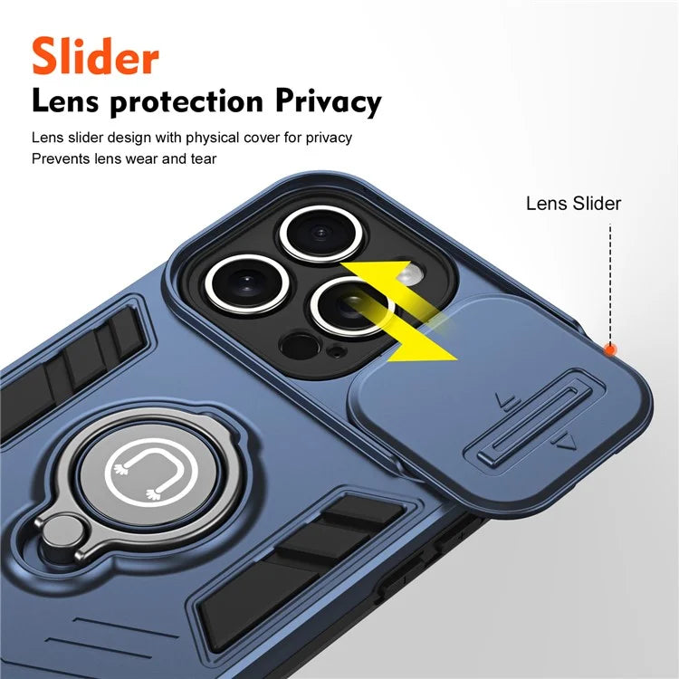 For iPhone 15 Pro Max Case PC+TPU Ring Kickstand Phone Cover with Slide Lens Lid