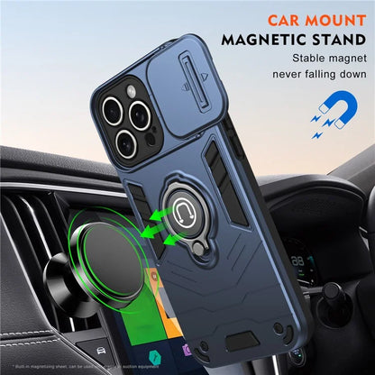 For iPhone 15 Pro Max Case PC+TPU Ring Kickstand Phone Cover with Slide Lens Lid