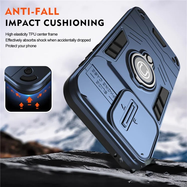 For iPhone 15 Pro Max Case PC+TPU Ring Kickstand Phone Cover with Slide Lens Lid