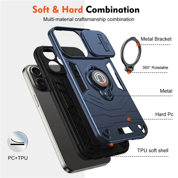 For iPhone 15 Pro Max Case PC+TPU Ring Kickstand Phone Cover with Slide Lens Lid