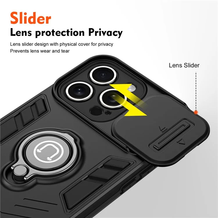 For iPhone 15 Pro Max Case PC+TPU Ring Kickstand Phone Cover with Slide Lens Lid